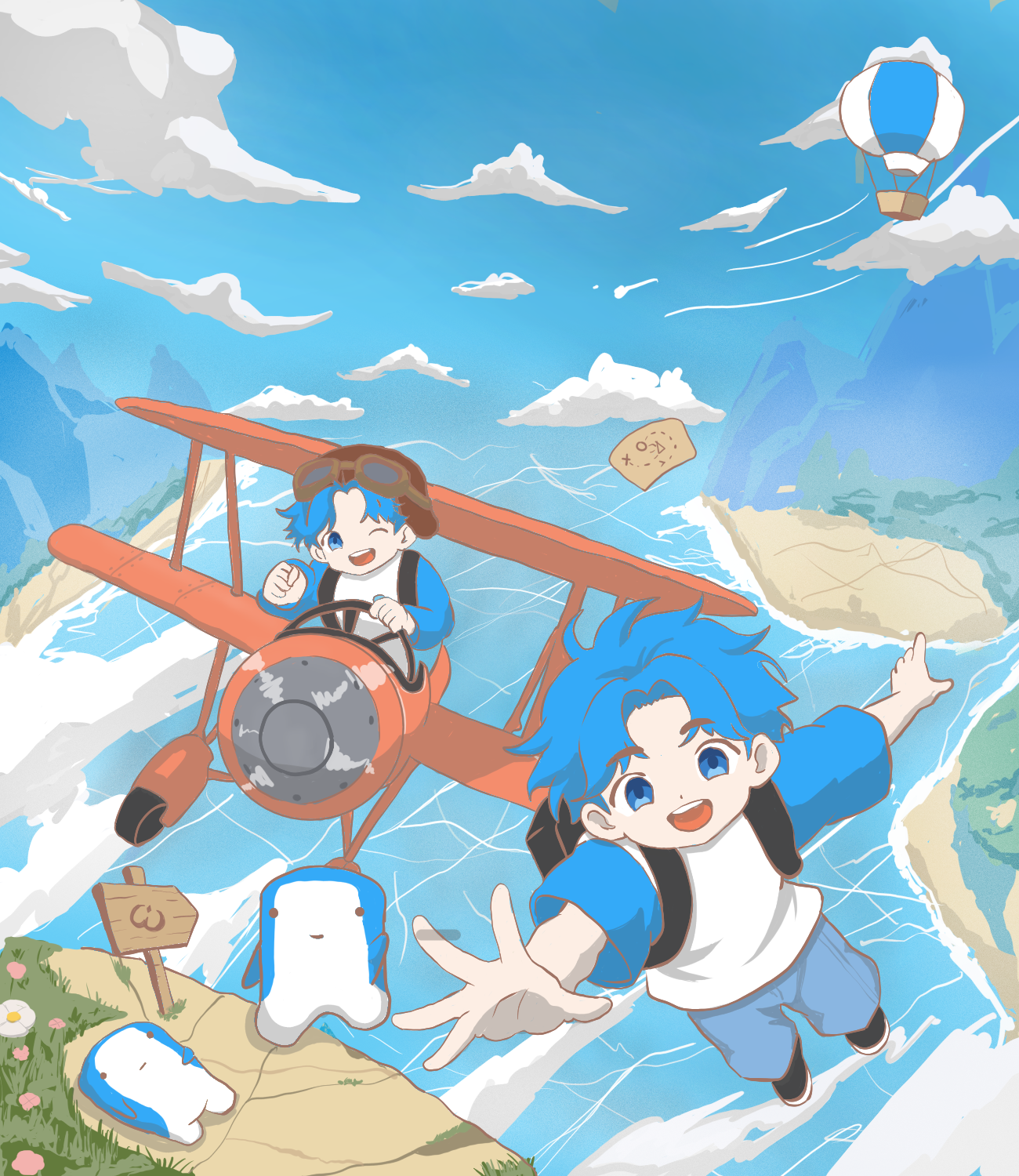 WINGFO illustration: two blue-haired explorers flying over islands with a red biplane